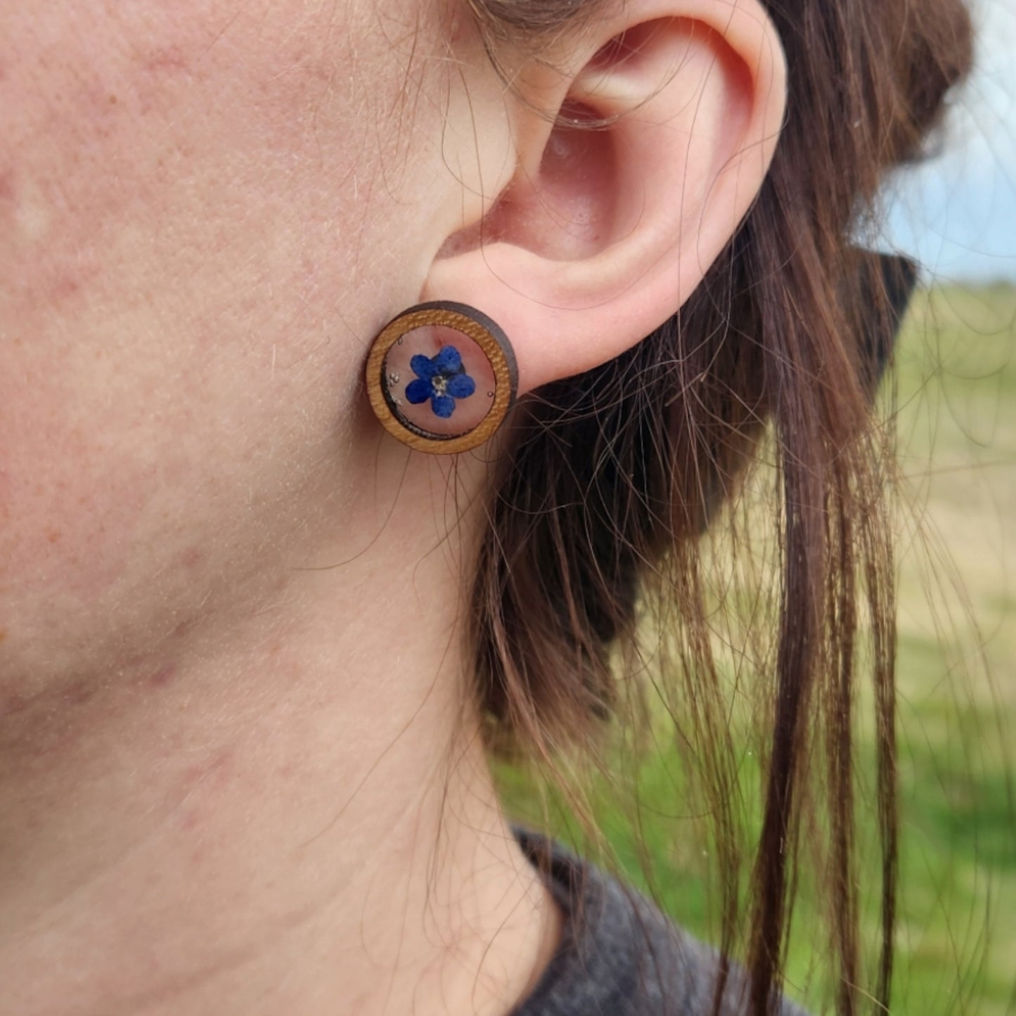 Forget-me-nots Blue Flower Earrings In wood bezel