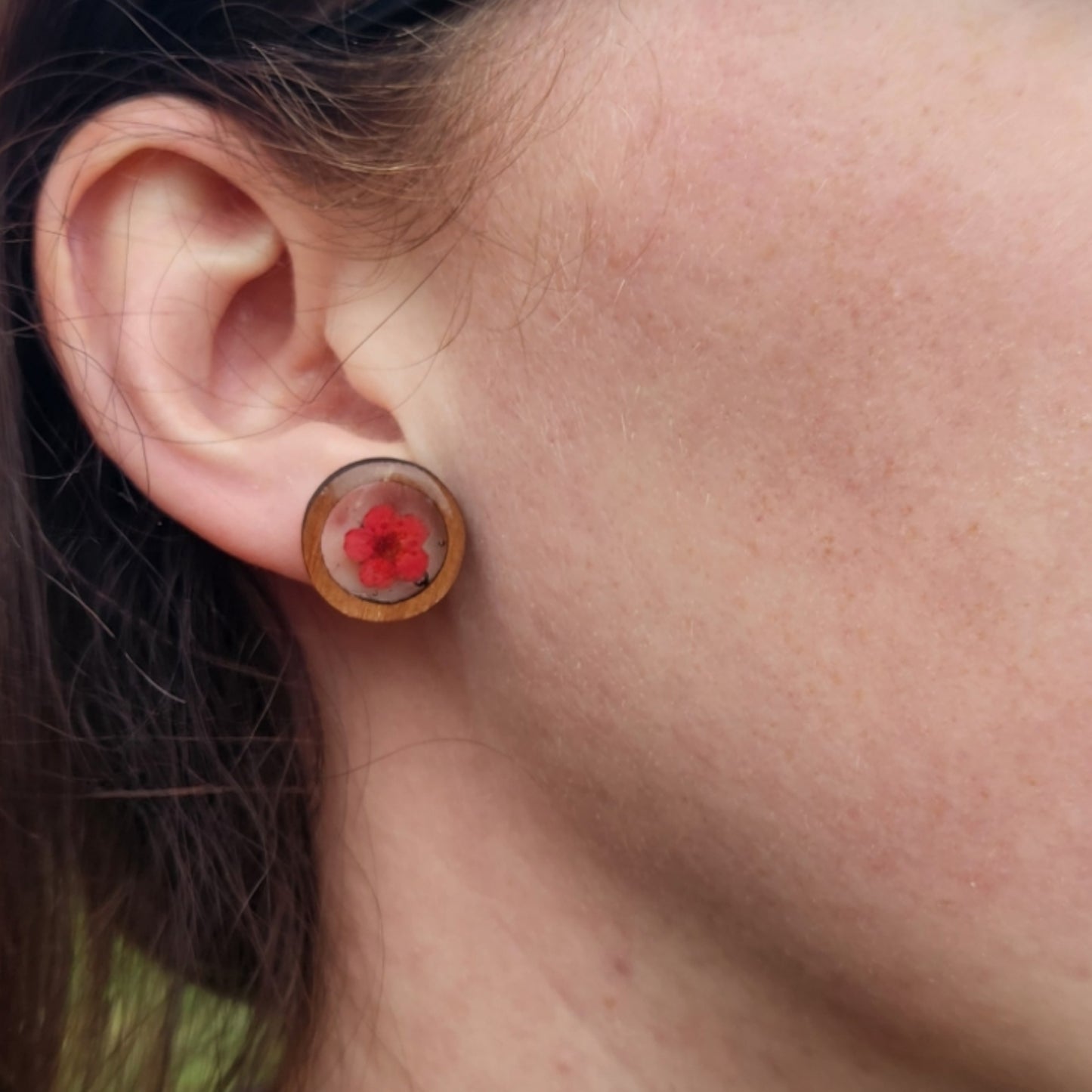 Red Flower Earrings In wood bezel