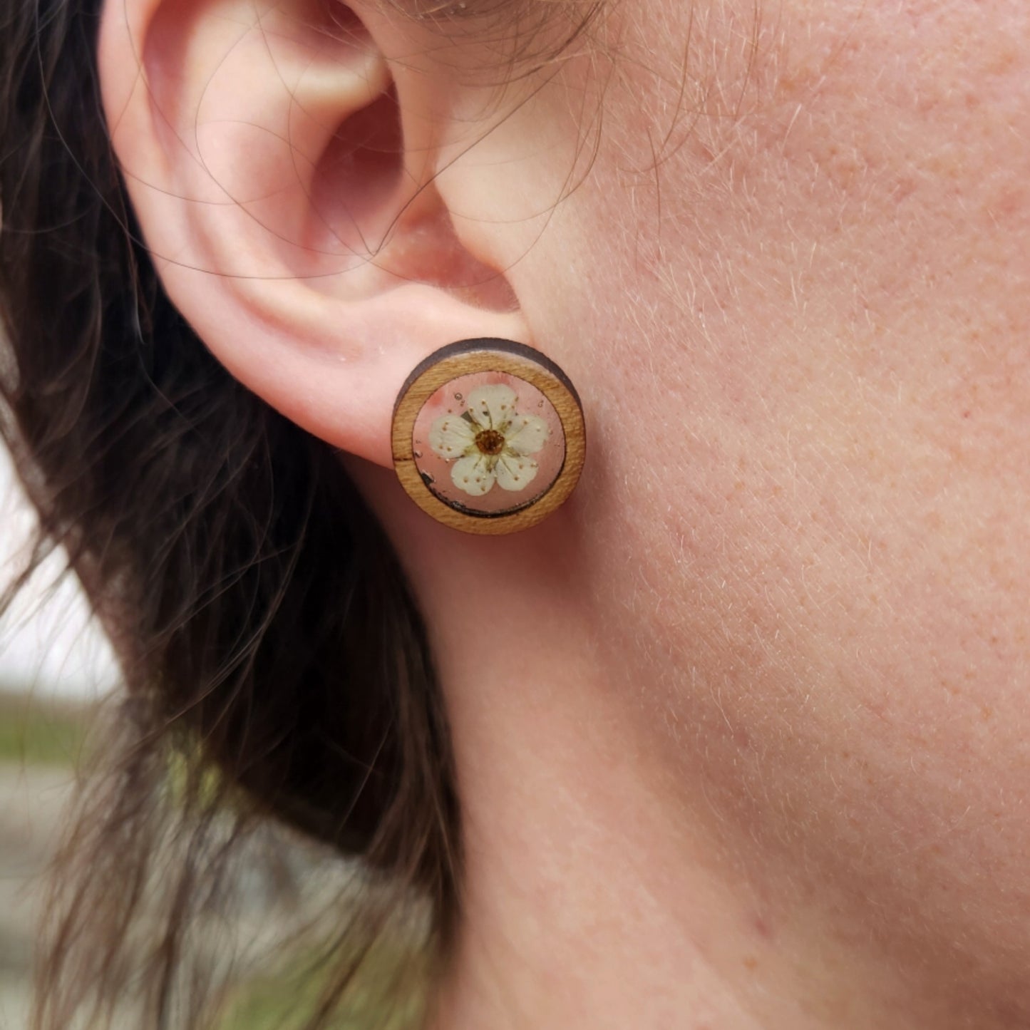 White Flower Earrings In wood bezel
