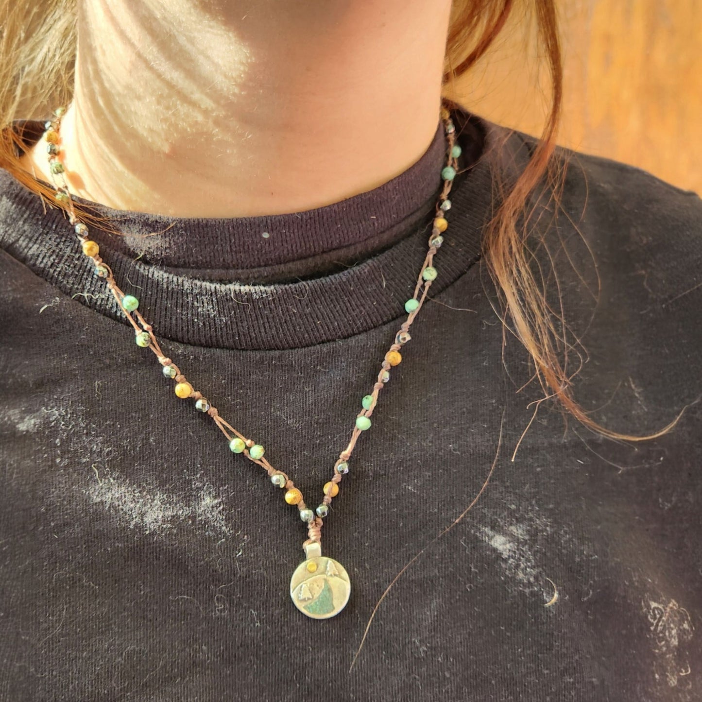 Silver Pendant- Trees with a Turquoise River with hand-beaded necklaces