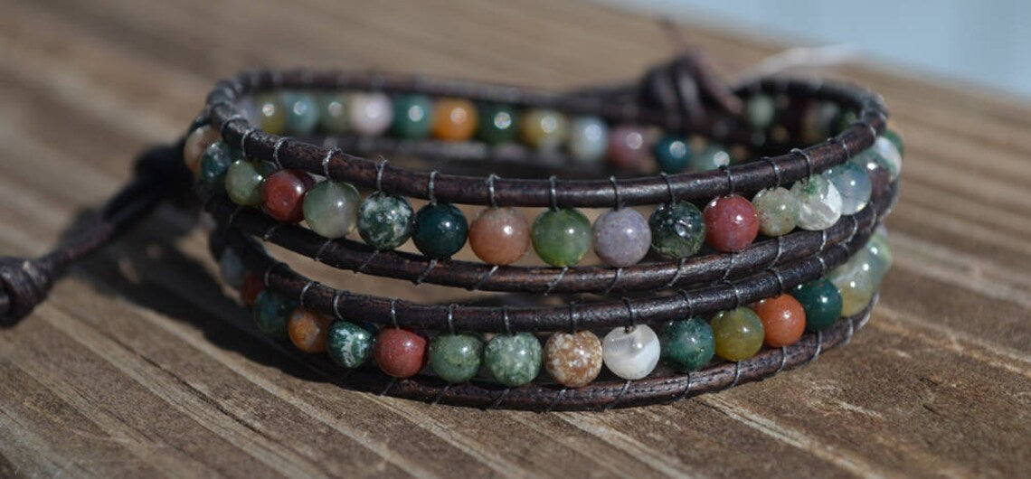 Beaded Wrap Bracelet - Fancy Jasper Small Beads On Leather