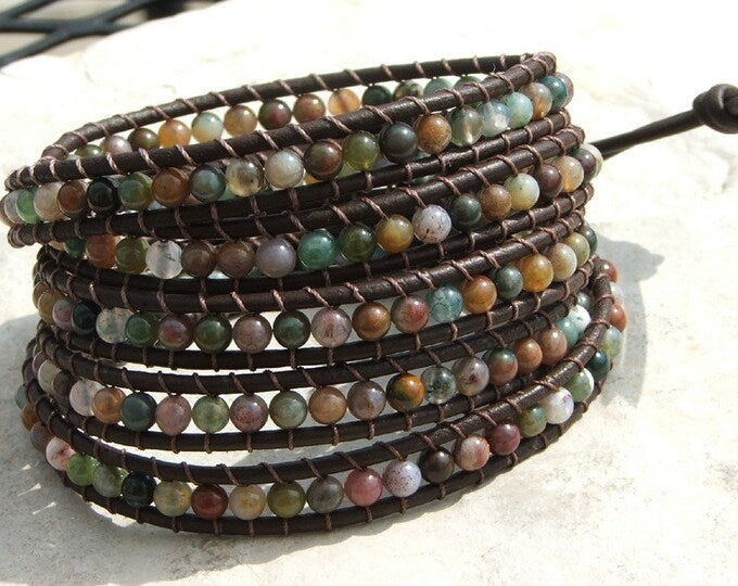 Beaded Wrap Bracelet - Fancy Jasper Small Beads On Leather