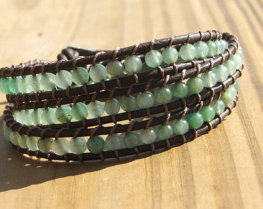Beaded Leather Wrap Bracelet - New Jade Small beads On Leather