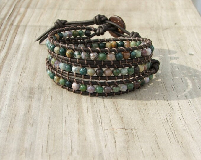 Beaded Wrap Bracelet - Fancy Jasper Small Beads On Leather
