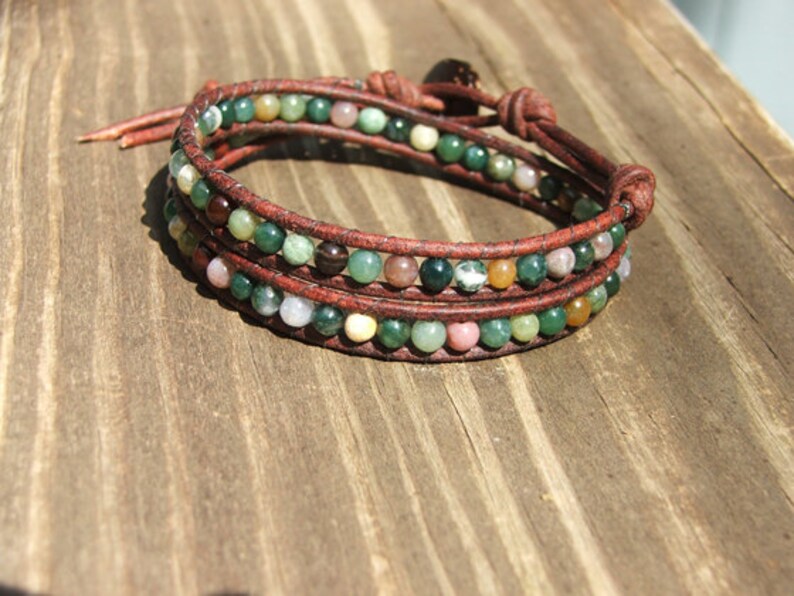Beaded Wrap Bracelet - Fancy Jasper Small Beads On Leather