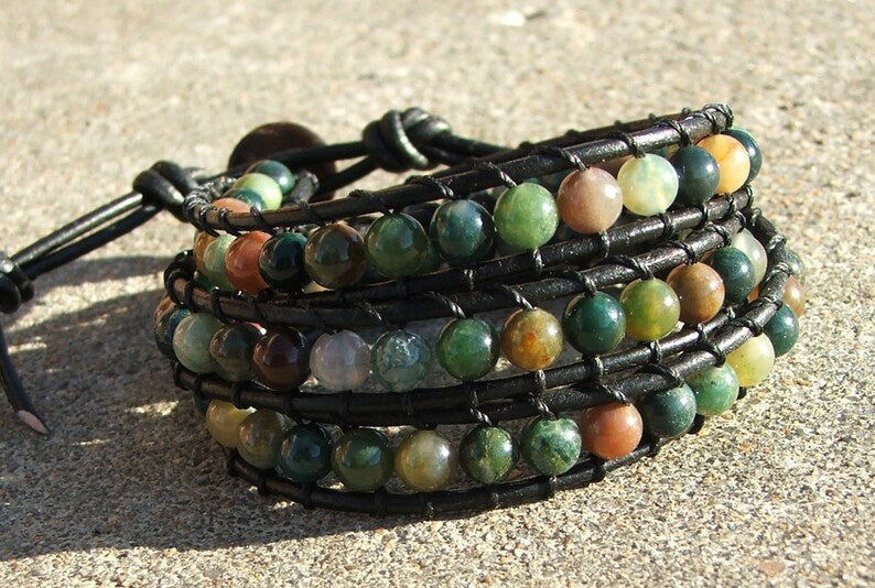 Beaded Wrap Bracelet - Fancy Jasper Large Beads On Leather
