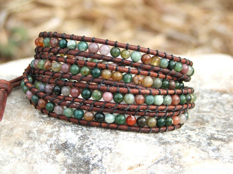 Beaded Wrap Bracelet - Fancy Jasper Small Beads On Leather