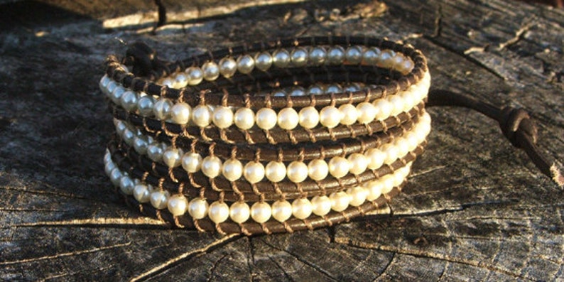Beaded Wrap Bracelet - Pearls On Leather