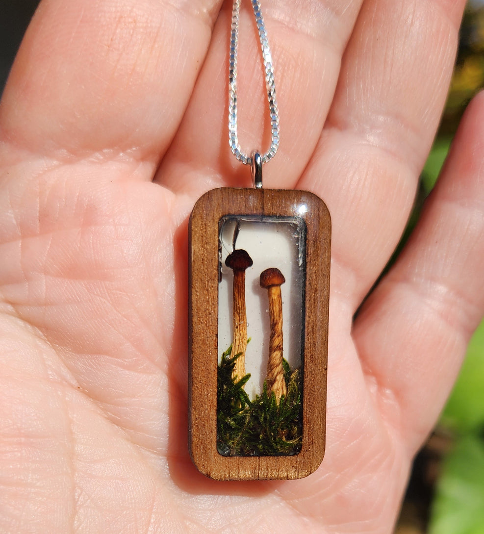 Mushroom and Moss Necklace In Wood Bezel