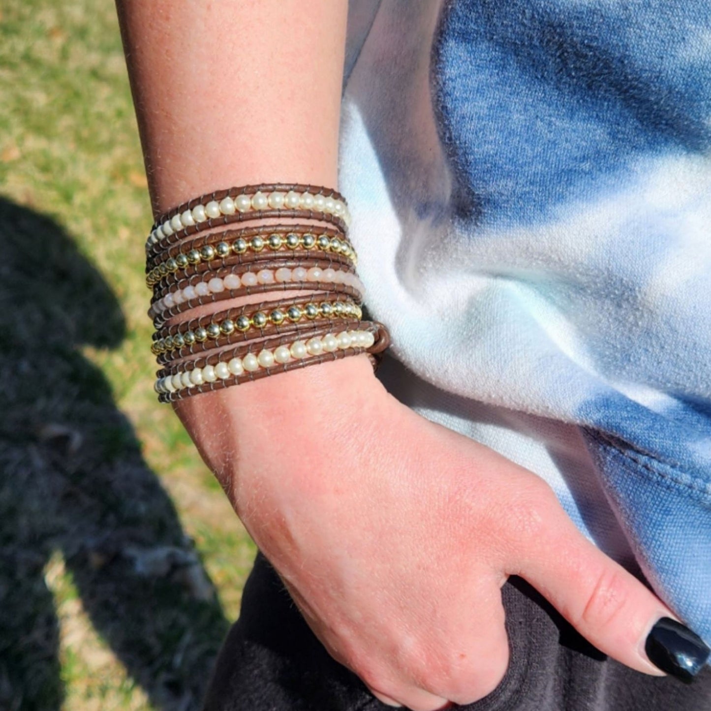 Beaded Wrap Bracelet - Pearls Crysrals and gold On Leather