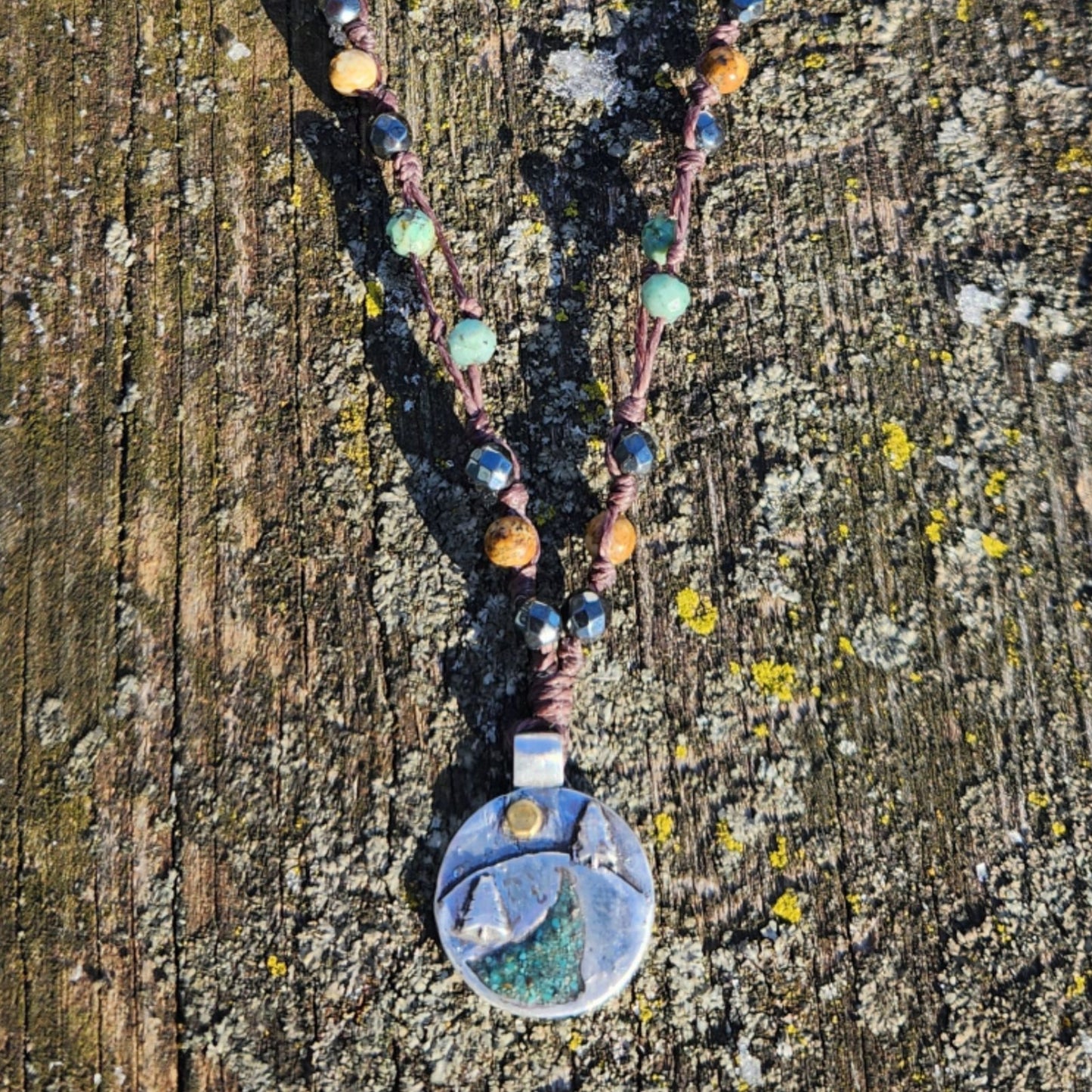 Silver Pendant- Trees with a Turquoise River with hand-beaded necklaces