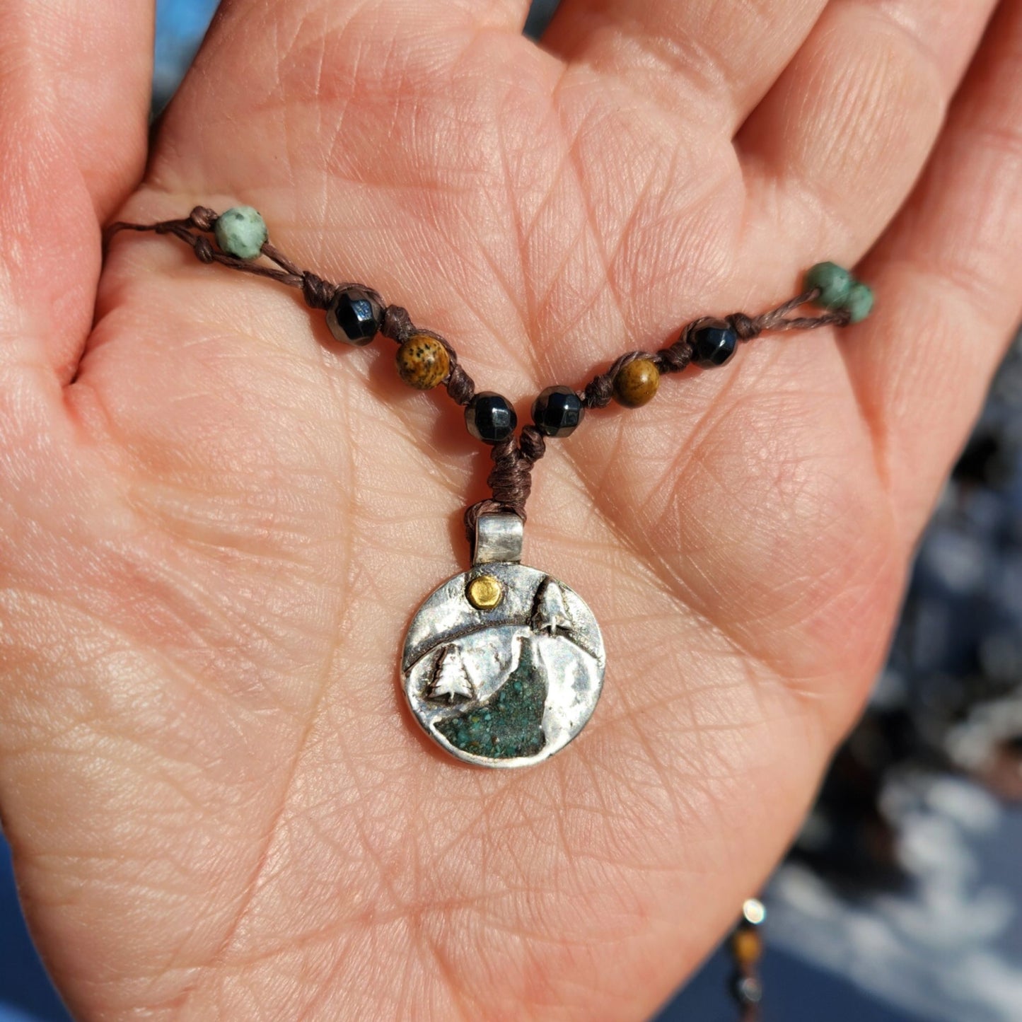 Silver Pendant- Trees with a Turquoise River with hand-beaded necklaces