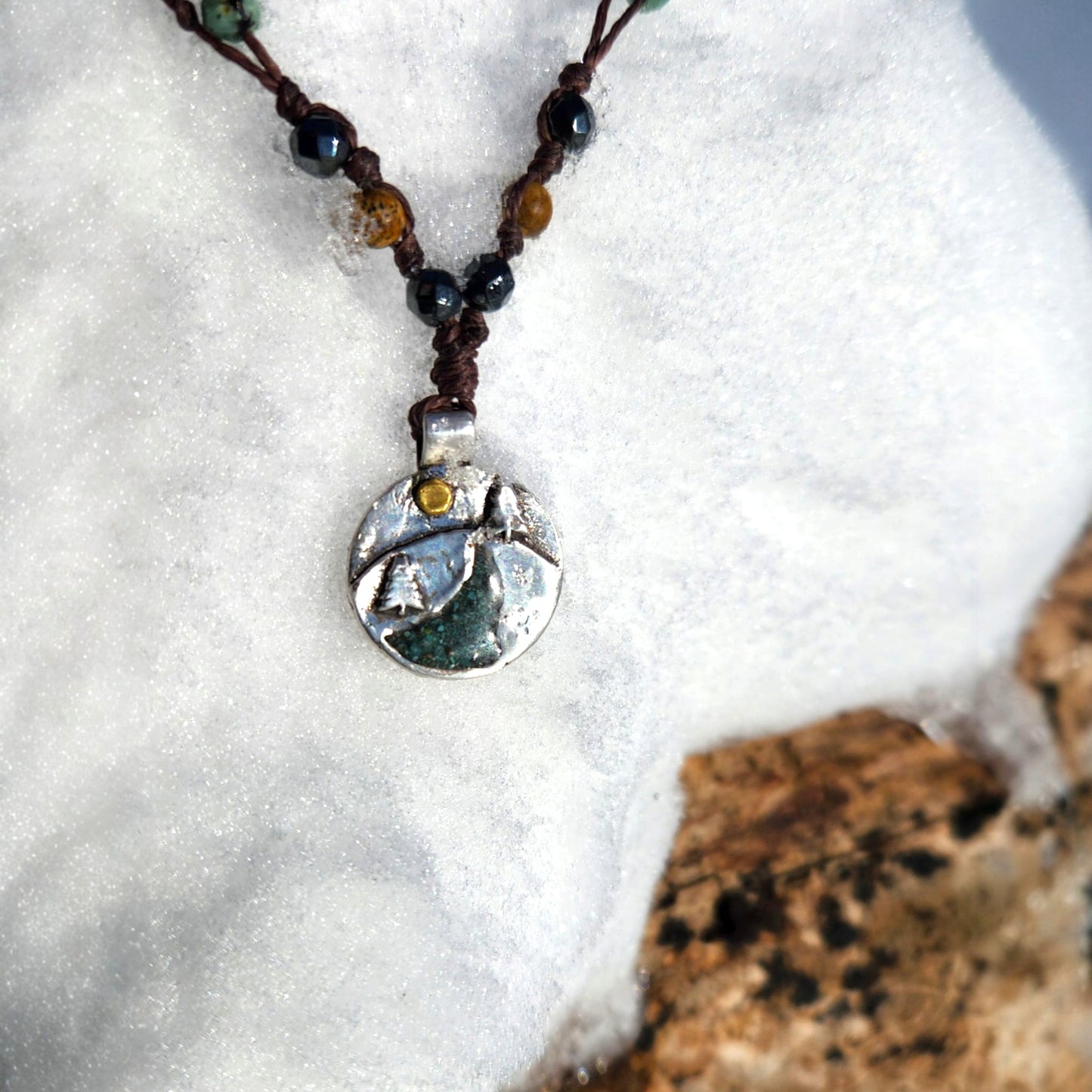 Silver Pendant- Trees with a Turquoise River with hand-beaded necklaces