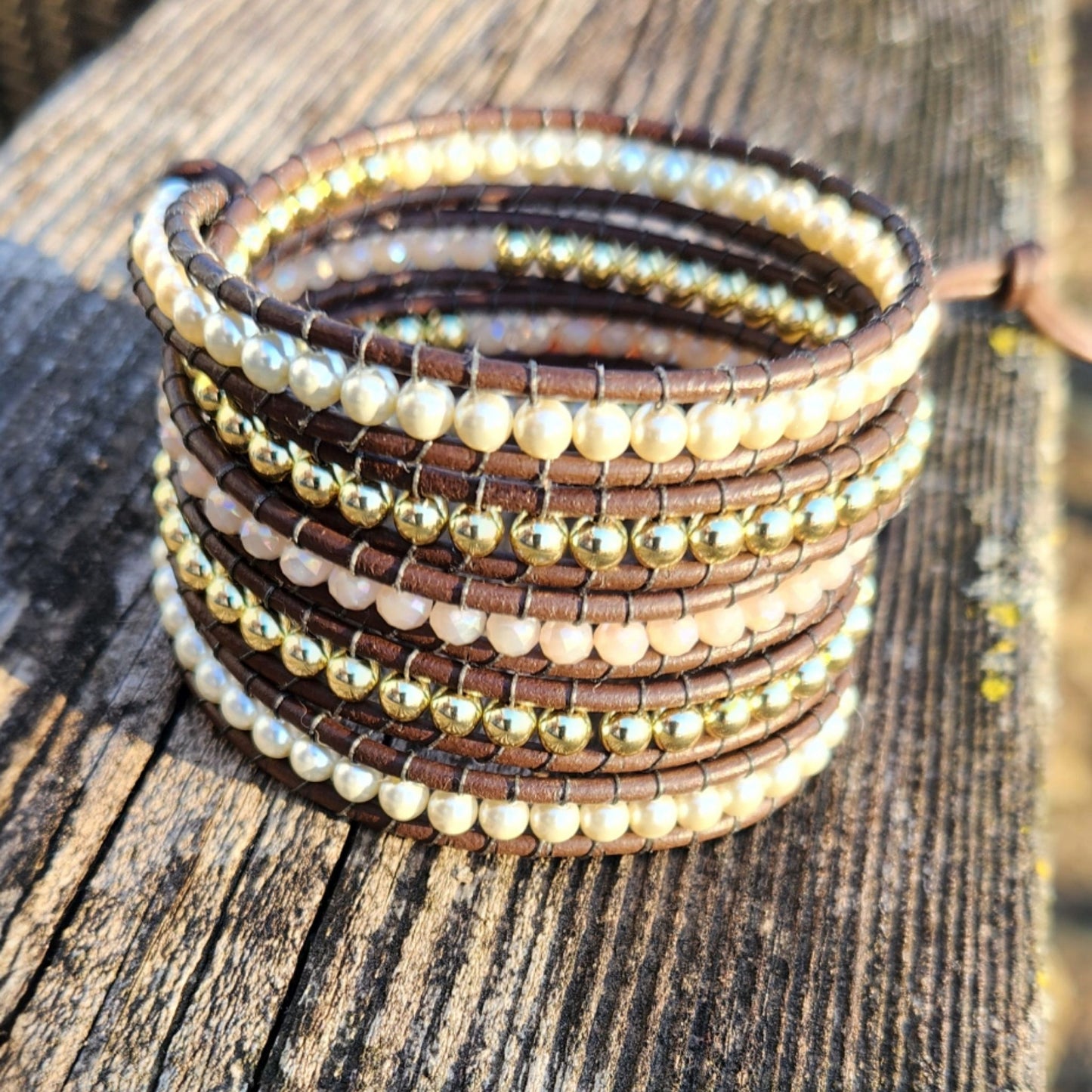Beaded Wrap Bracelet - Pearls Crysrals and gold On Leather