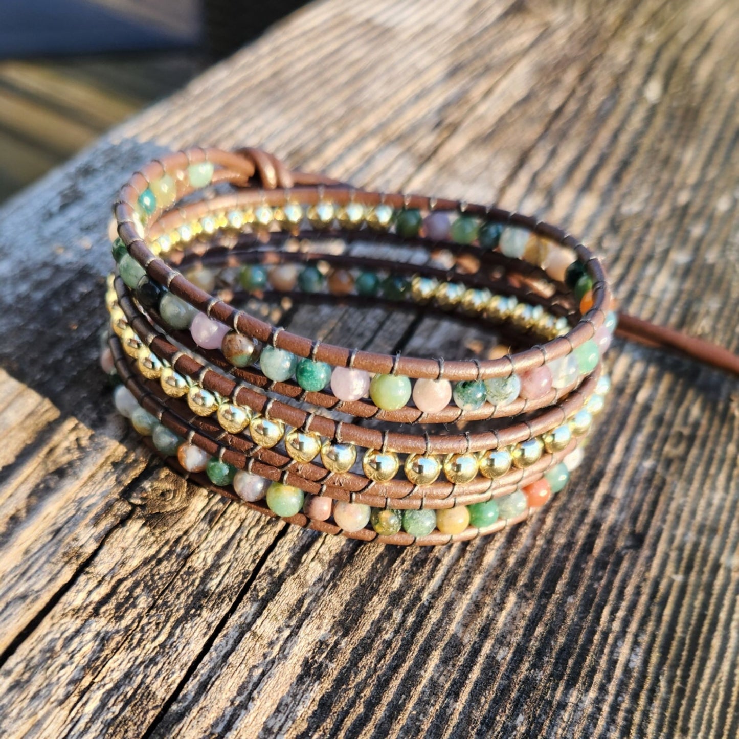 Beaded Wrap Bracelet - Jasper and Gold On Leather