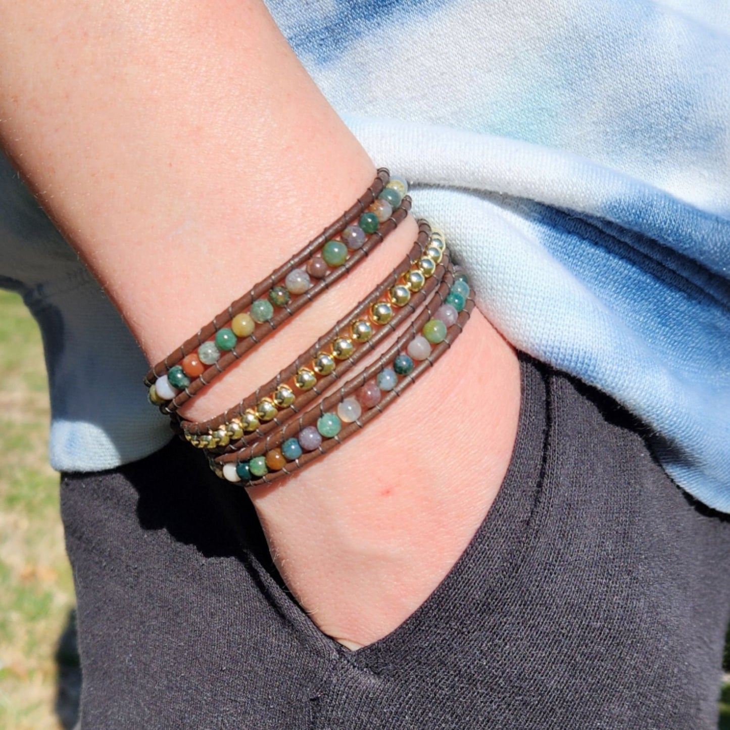 Beaded Wrap Bracelet - Jasper and Gold On Leather