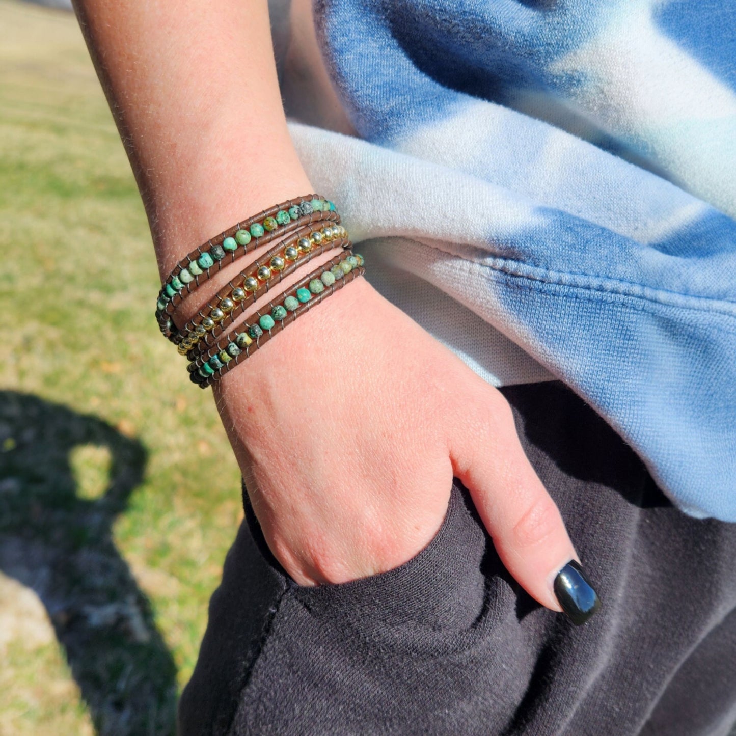 Beaded Wrap Bracelet - Turquoise and Gold On Leather