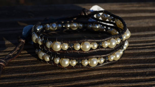 Beaded 2 Wrap Bracelet Pearl and Gunmetal On Leather