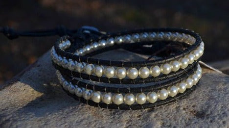 Beaded 2 Wrap Bracelet Pearls On Leather