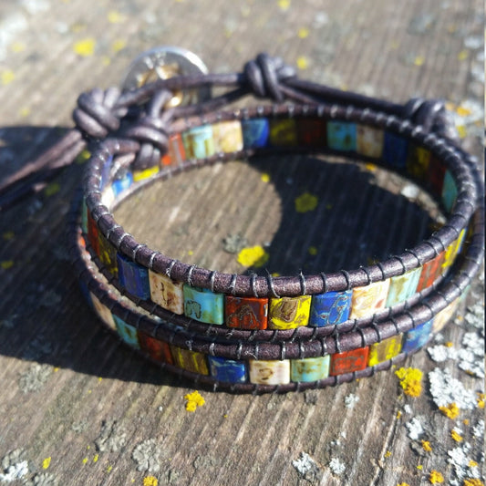 Beaded 2 Wrap Bracelet Rainbow Czech Glass On Leather