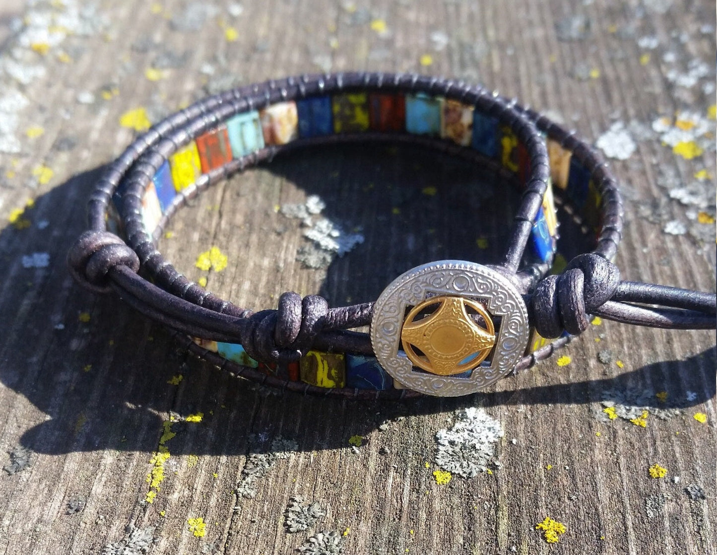 Beaded 2 Wrap Bracelet Rainbow Czech Glass On Leather