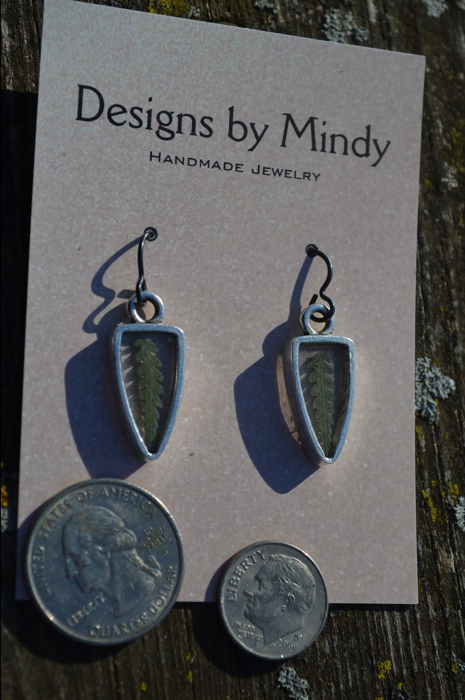 Fern Earrings In Silver Bezel with coin size comparison