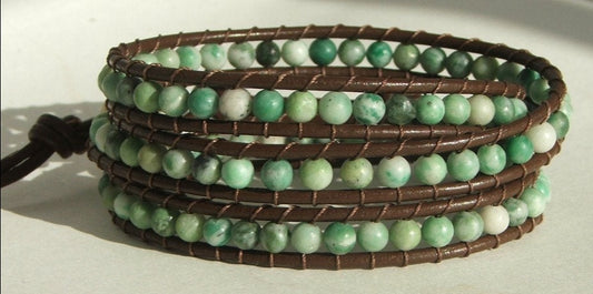 Beaded 3 Wrap Bracelet Jade On Leather
