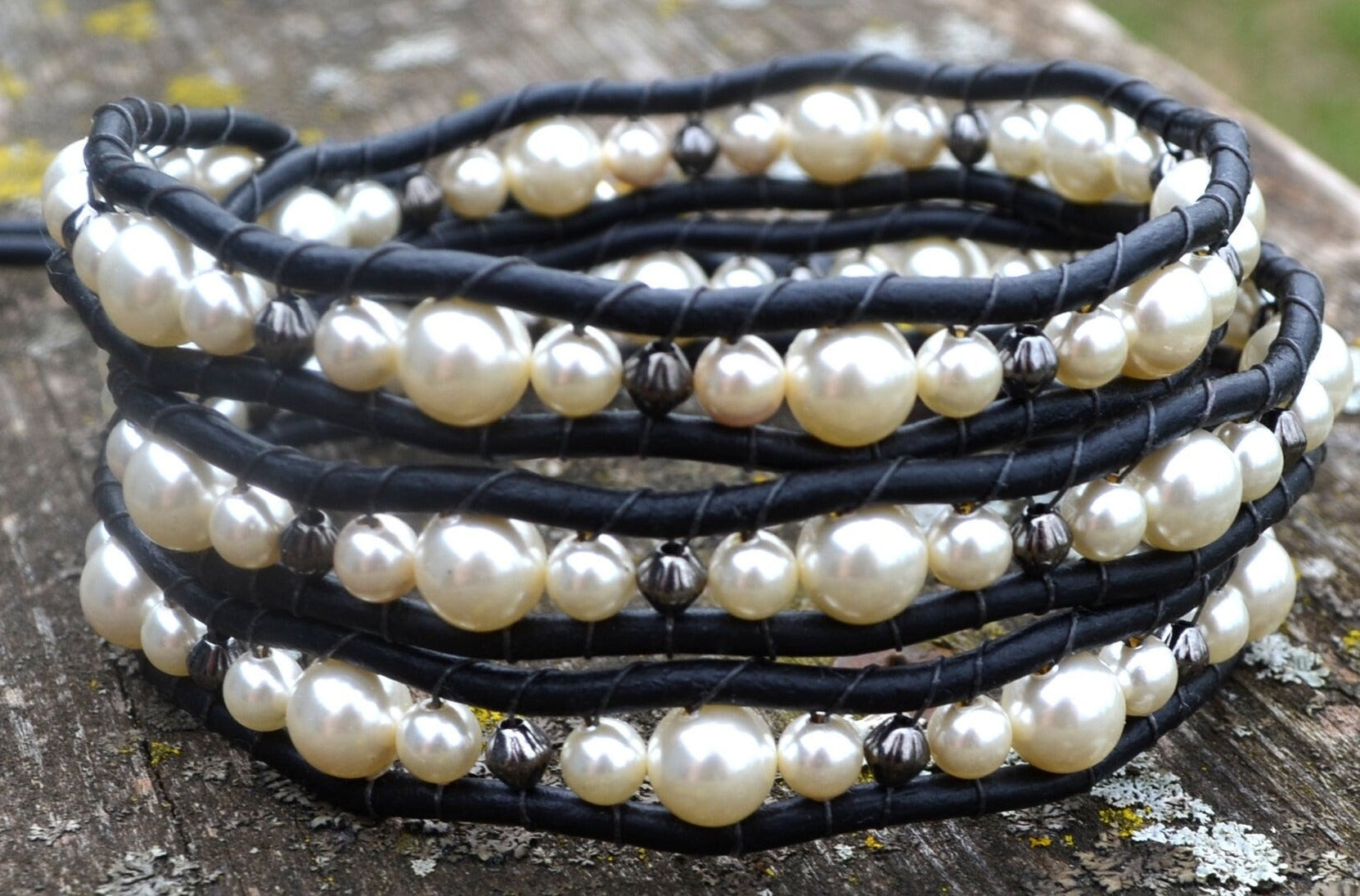 Beaded 3 Wrap Bracelet Pearls And Gunmetal On Leather