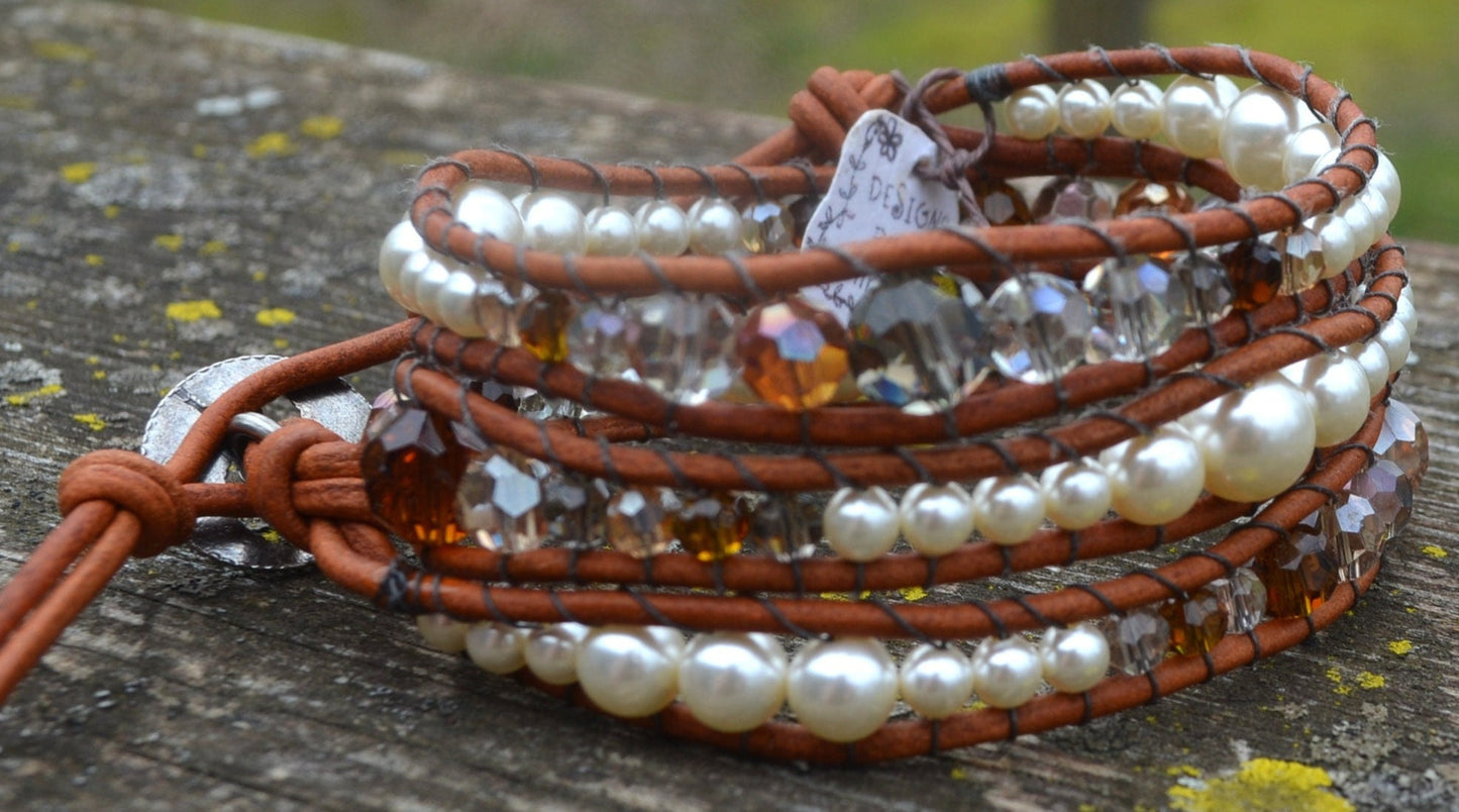 Beaded 3 Wrap Bracelet Pearls And Crystals On Leather