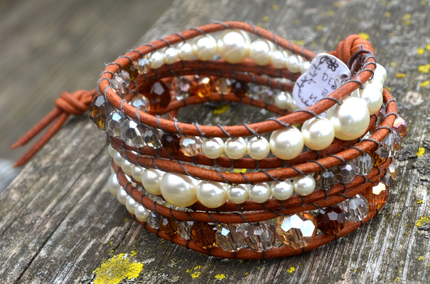 Beaded 3 Wrap Bracelet Pearls And Crystals On Leather