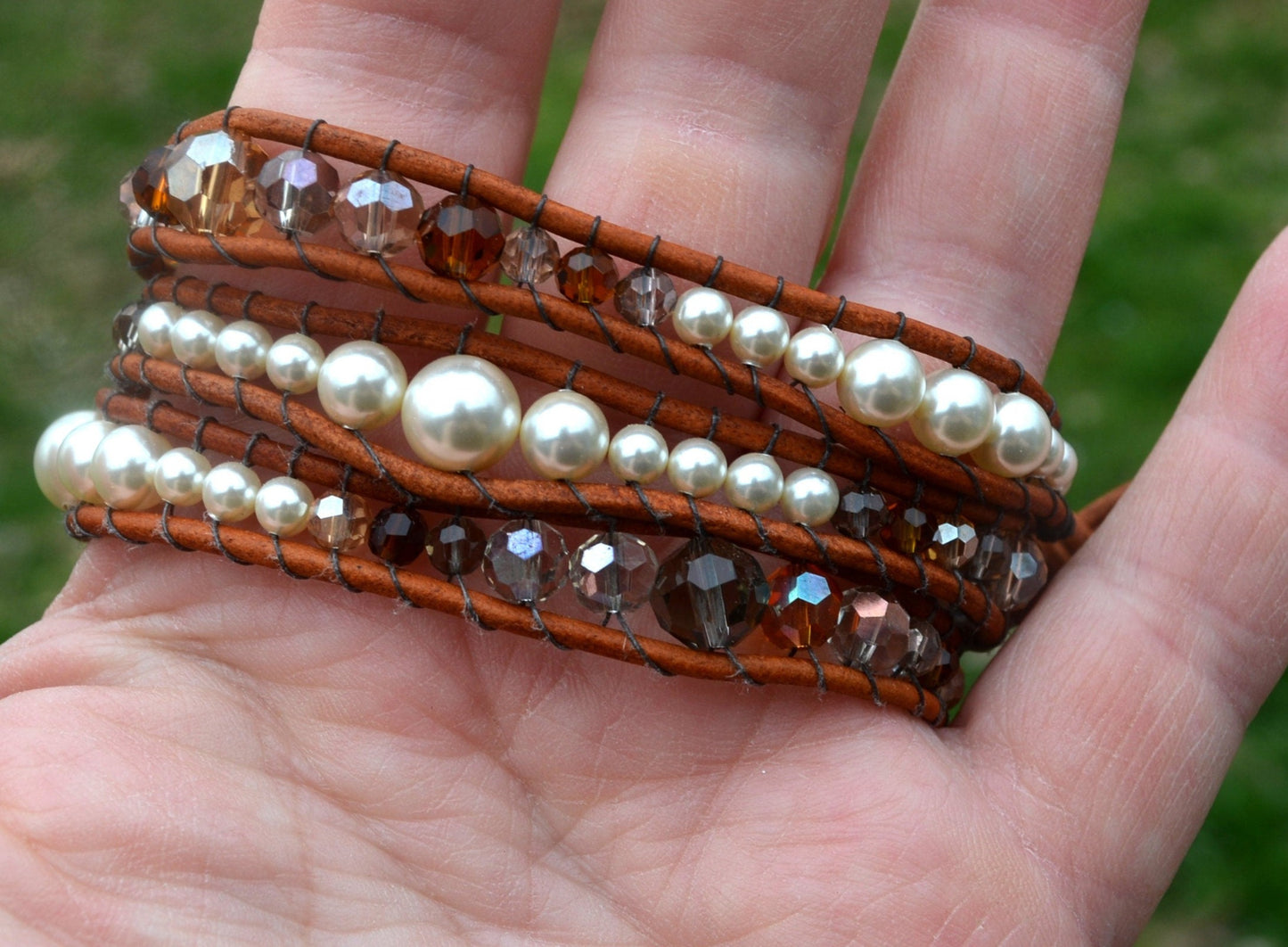 Beaded 3 Wrap Bracelet Pearls And Crystals On Leather