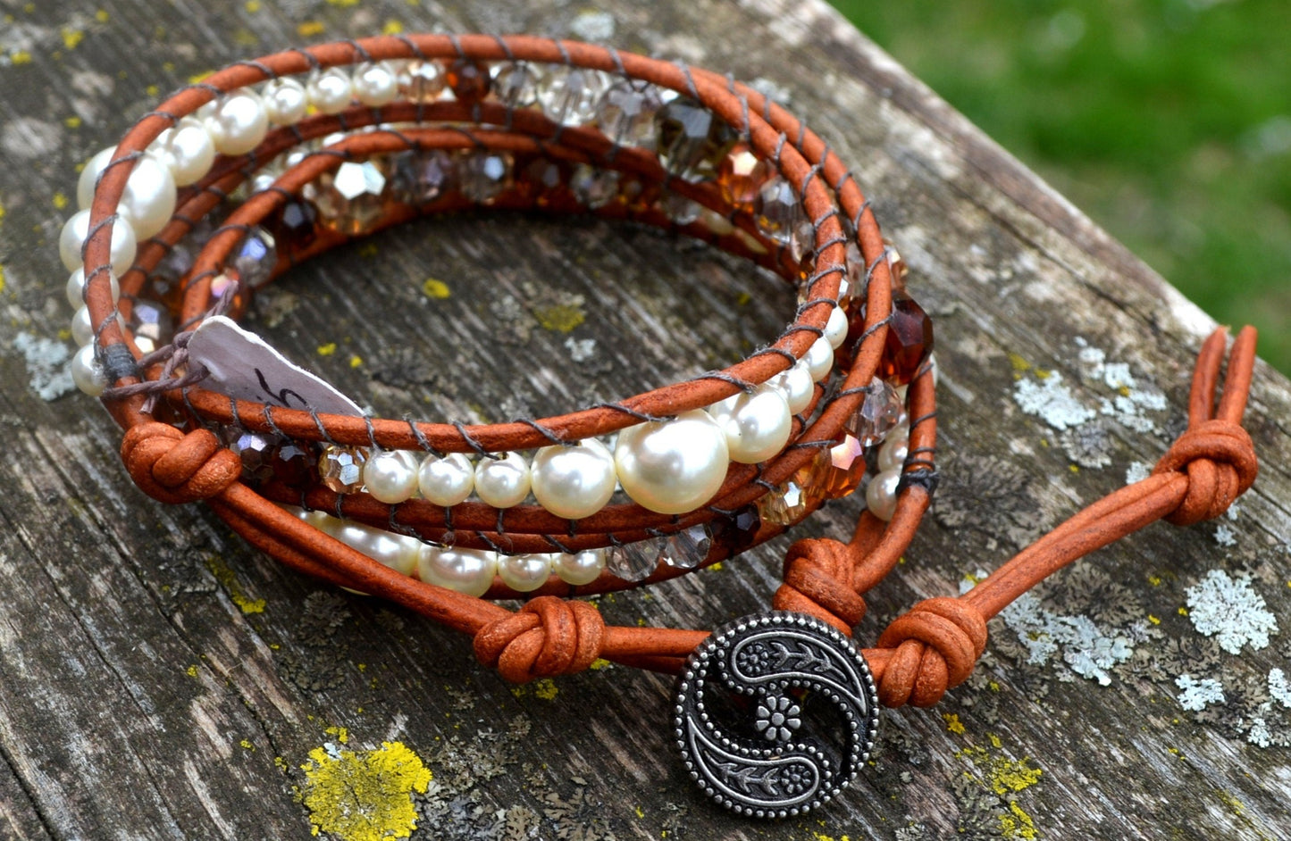 Beaded 3 Wrap Bracelet Pearls And Crystals On Leather
