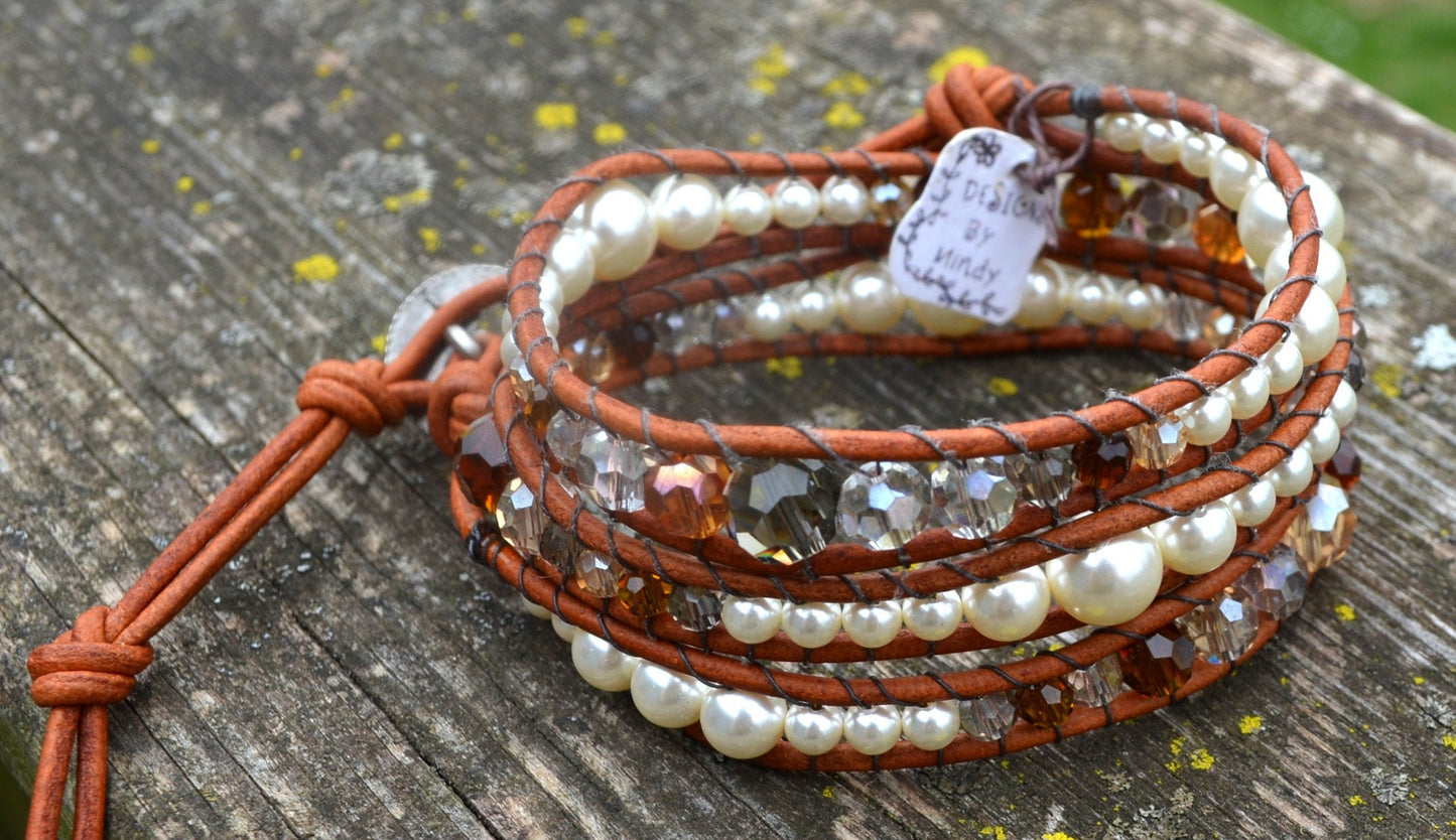 Beaded 3 Wrap Bracelet Pearls And Crystals On Leather