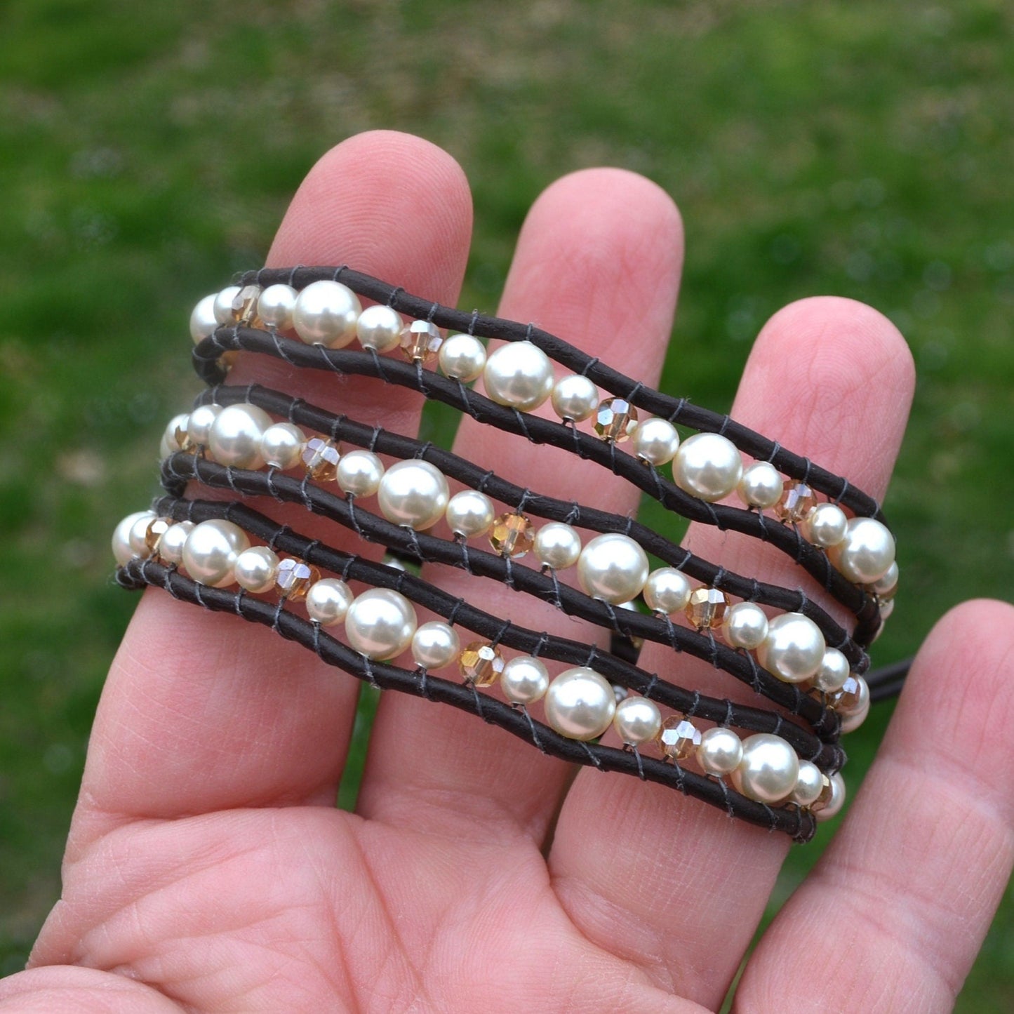 Beaded 3 Wrap Bracelet Pearls And Crystals On Leather