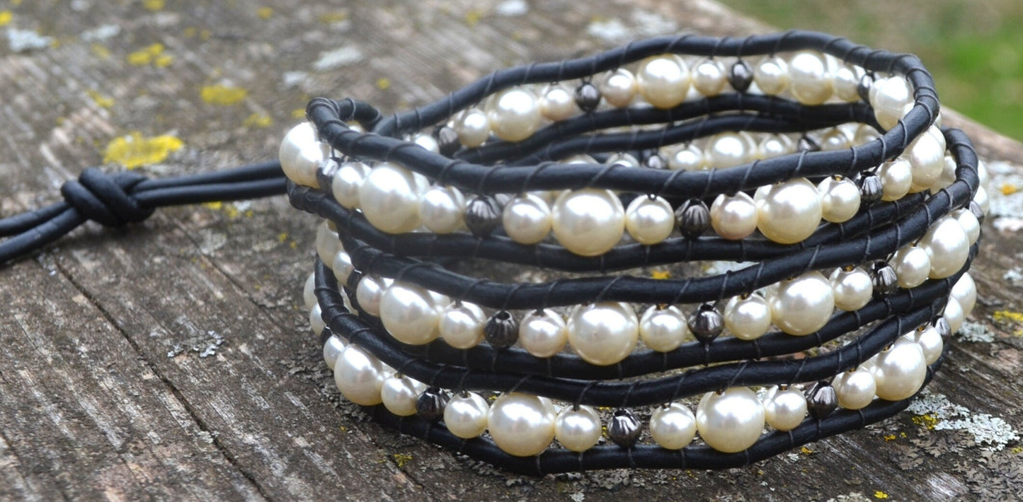 Beaded 3 Wrap Bracelet Pearls And Gunmetal On Leather