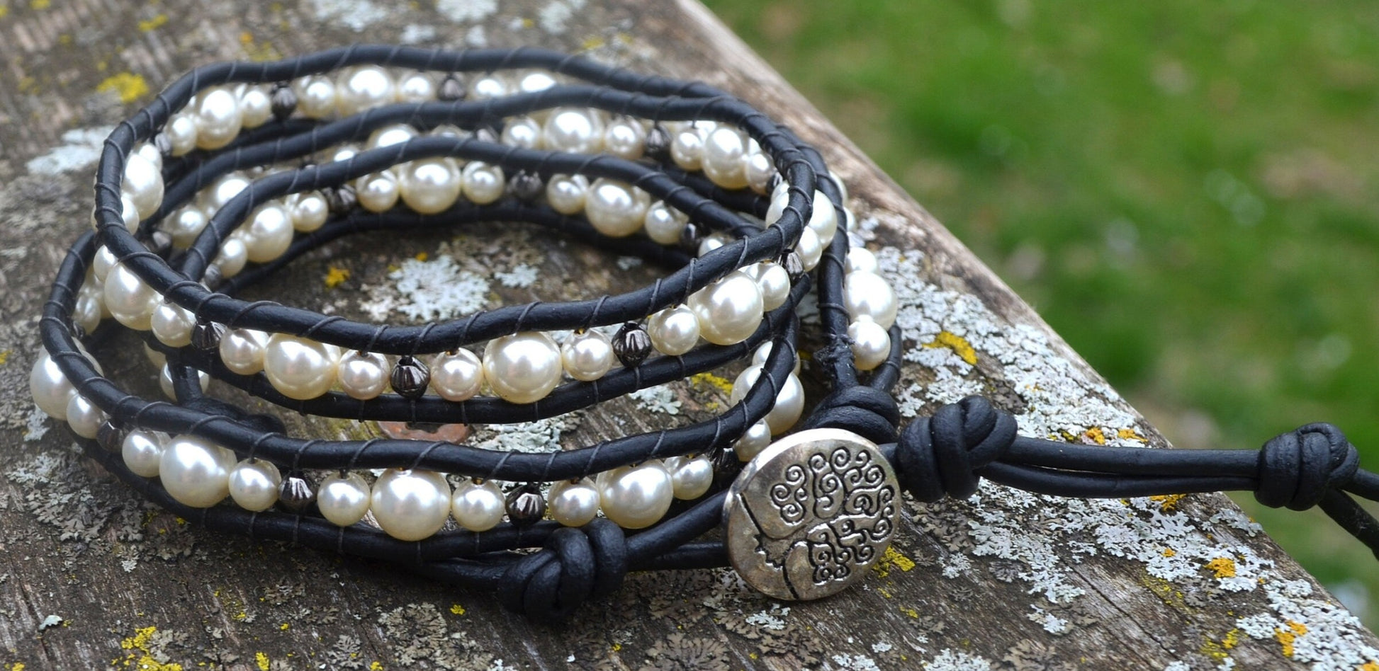 Beaded 3 Wrap Bracelet Pearls And Gunmetal On Leather