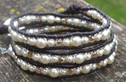 Beaded 3 Wrap Bracelet Pearls And Crystals On Leather
