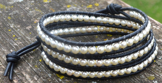 Beaded 3 Wrap Bracelet Pearls On Leather