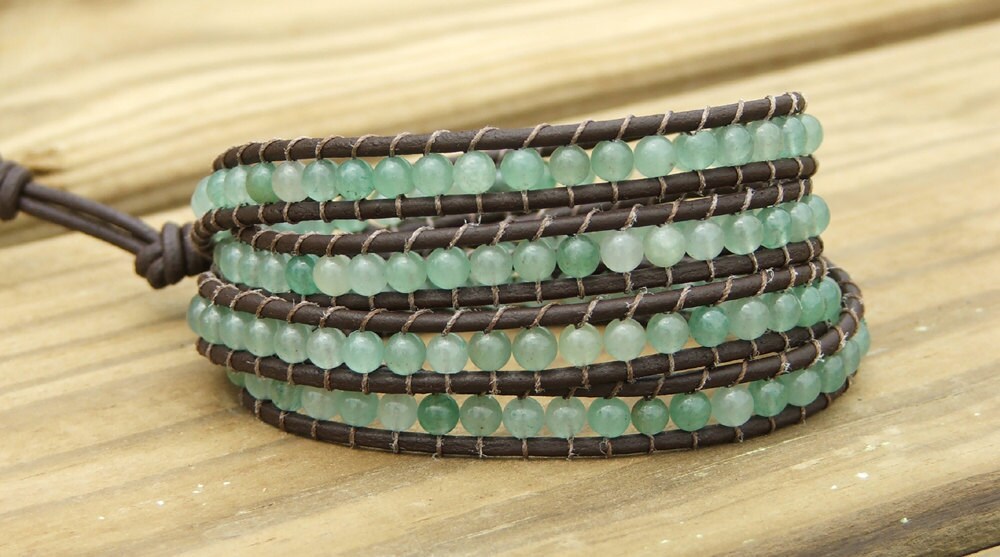 Beaded Leather 4 Wrap Bracelet New Jade On Leather