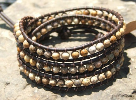 Beaded 3 Wrap Bracelet Picture Jasper On Leather