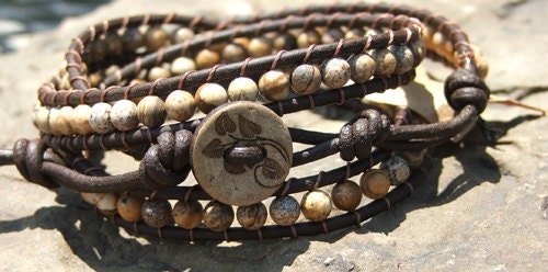 Beaded 3 Wrap Bracelet Picture Jasper On Leather
