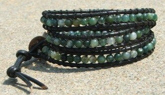 Beaded 3 Wrap Bracelet Green Agate Beads On Black Leather