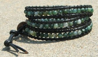 Beaded 3 Wrap Bracelet Green Agate  Beads On Black Leather