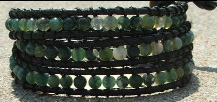 Beaded 3 Wrap Bracelet Green Agate Beads On Black Leather