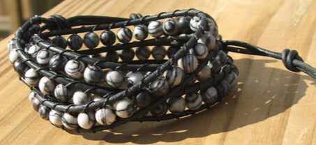 Beaded 3 Wrap Bracelet Black Silk Stone On Black Leather