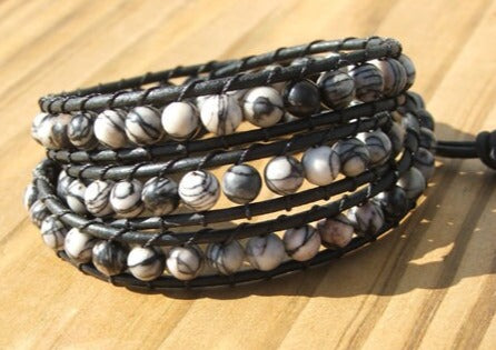 Beaded 3 Wrap Bracelet Black Silk Stone On Black Leather