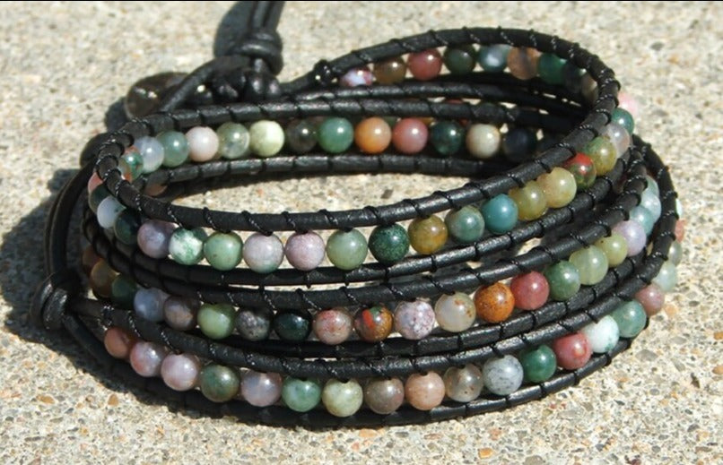 Beaded 3 Wrap Bracelet Fancy Jasper On Leather
