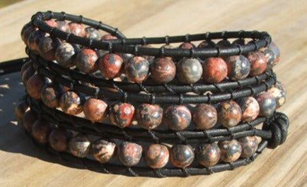 Beaded 3 Wrap Bracelet Leopard Jasper On Leather