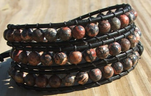Beaded 3 Wrap Bracelet Leopard Jasper On Leather