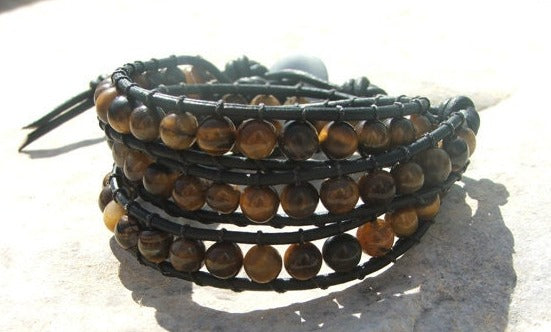 Beaded Leather 3 Wrap Bracelet Tigers Eye On Leather